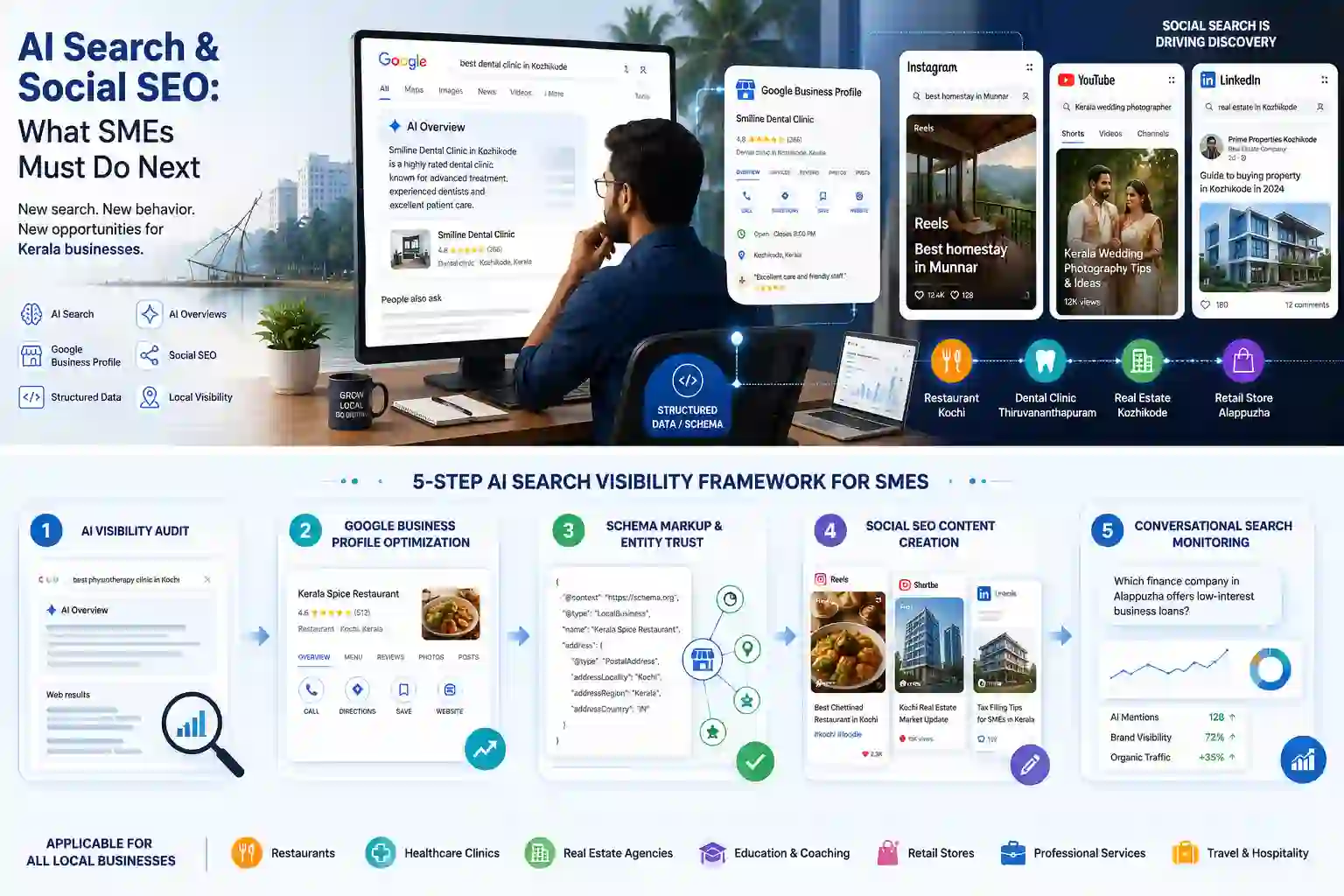 AI Search and Social SEO strategies helping local businesses improve visibility across Google, Instagram, YouTube, and LinkedIn.