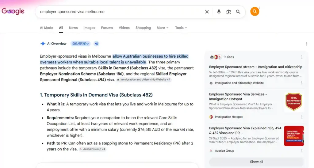 Immigration Hotspot cited within Google AI Overview results covering employer-sponsored visa options and Australian migration services.