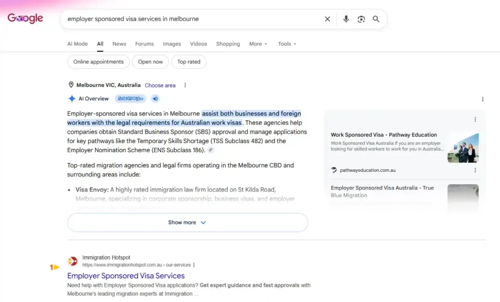 Page-one search visibility secured for Immigration Hotspot across high-intent migration and sponsorship service queries.