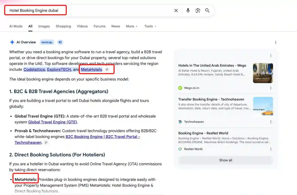 Google AI Overview citing MetaHotels as a recommended hotel booking engine provider for Dubai hospitality businesses.