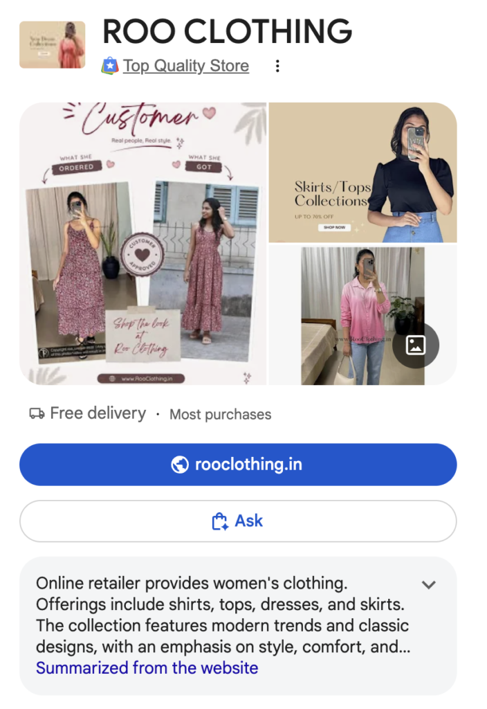 Roo Clothing Google listing